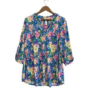 Dear Scarlett Womens Tunic Top Size XL Abstract Floral V Neck Roll Tab Sleeves